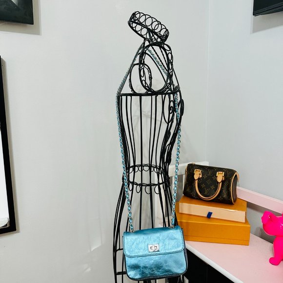 ABRO METALLIC BLUE CROSSBODY LEATHER MINI BAG WITH CHAIN STRAP - Picture 9 of 10